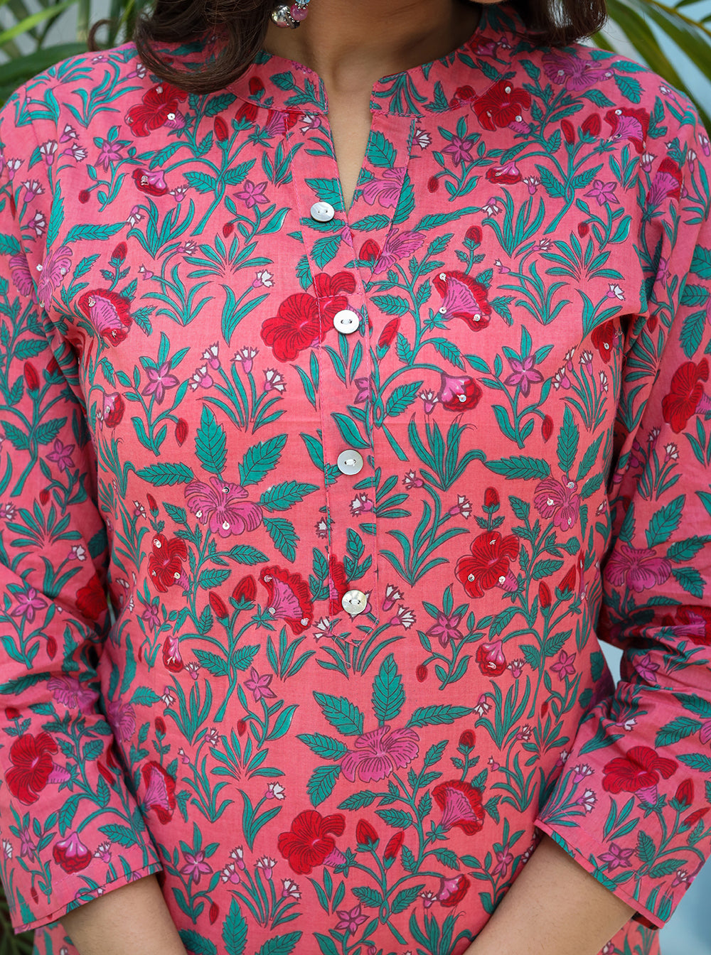 Kaajh Woman's Pink Floral Print Cotton Kurta Pant Set - Distacart