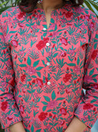 Kaajh Woman's Pink Floral Print Cotton Kurta Pant Set - Distacart