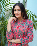 Kaajh Woman's Pink Floral Print Cotton Kurta Pant Set - Distacart