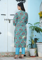 Kaajh Woman's Green Floral Print Cotton Kurta Pant Set - Distacart