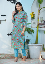 Kaajh Woman's Green Floral Print Cotton Kurta Pant Set - Distacart