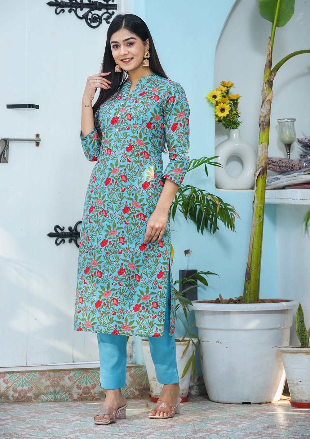 Kaajh Woman's Green Floral Print Cotton Kurta Pant Set - Distacart