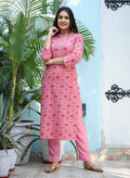 Kaajh Woman's Pink Ethnic Print Cotton Kurta Pant Set - Distacart