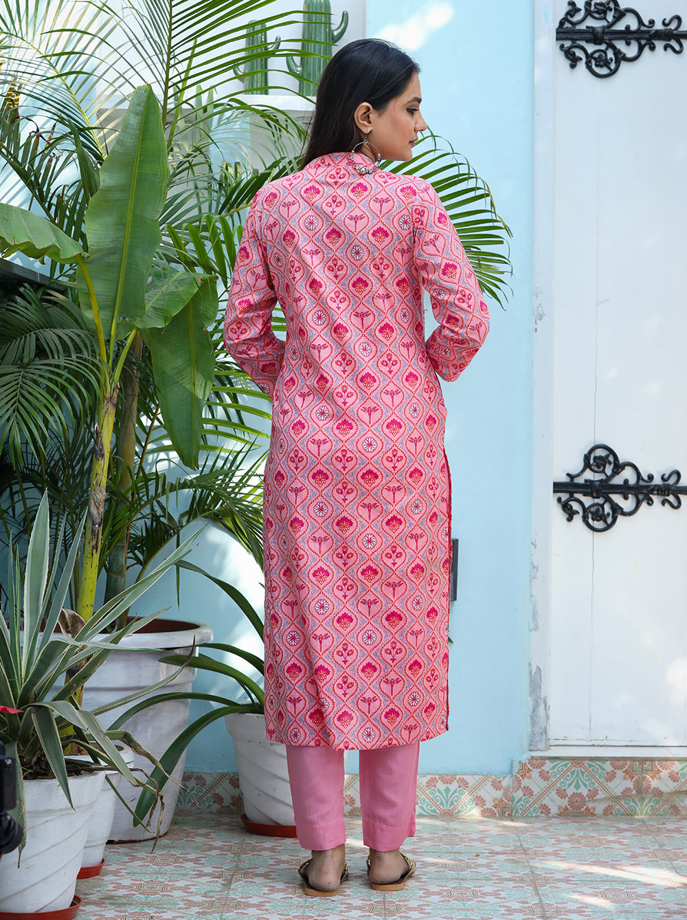 Kaajh Woman's Pink Ethnic Print Cotton Kurta Pant Set - Distacart