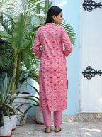 Kaajh Woman's Pink Ethnic Print Cotton Kurta Pant Set - Distacart