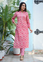 Kaajh Woman's Pink Ethnic Print Cotton Kurta Pant Set - Distacart