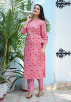 Kaajh Woman's Pink Ethnic Print Cotton Kurta Pant Set - Distacart