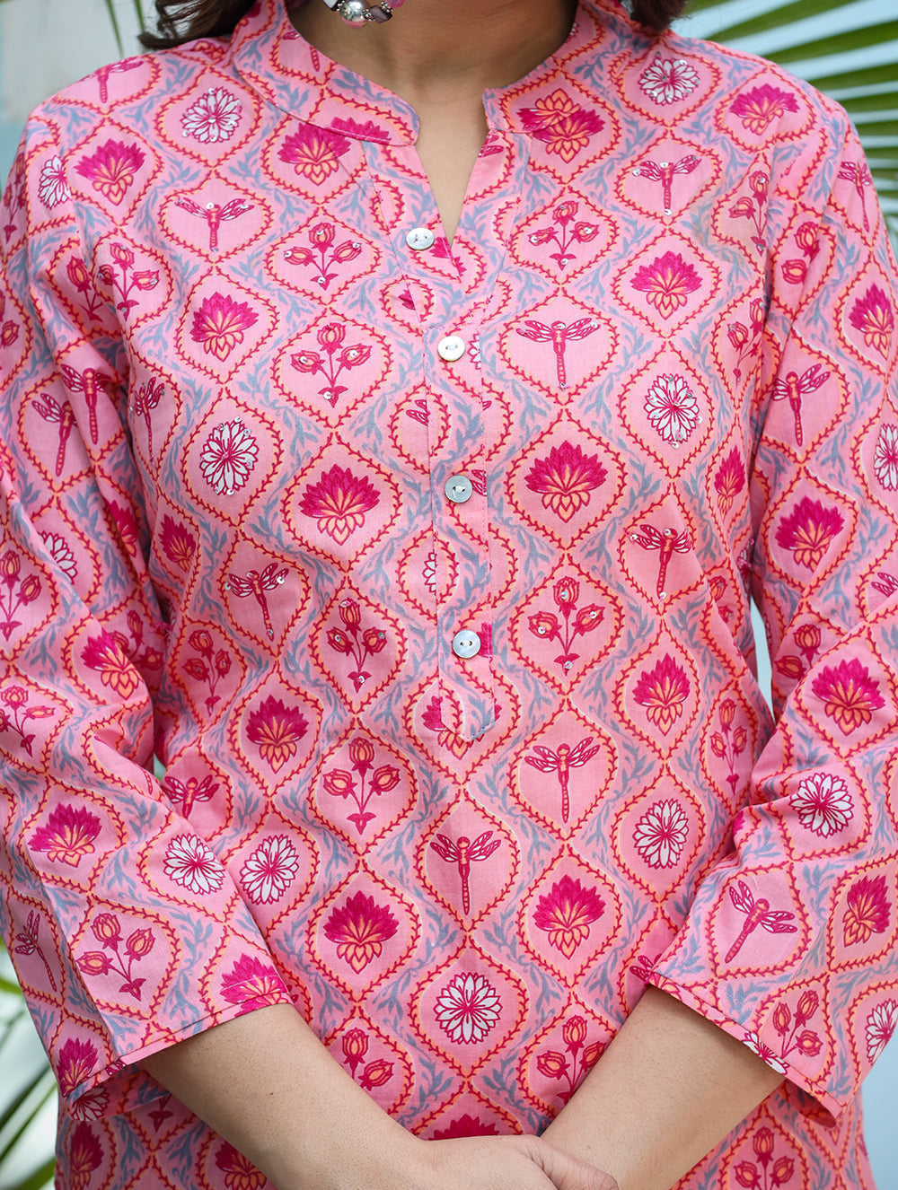 Kaajh Woman's Pink Ethnic Print Cotton Kurta Pant Set - Distacart