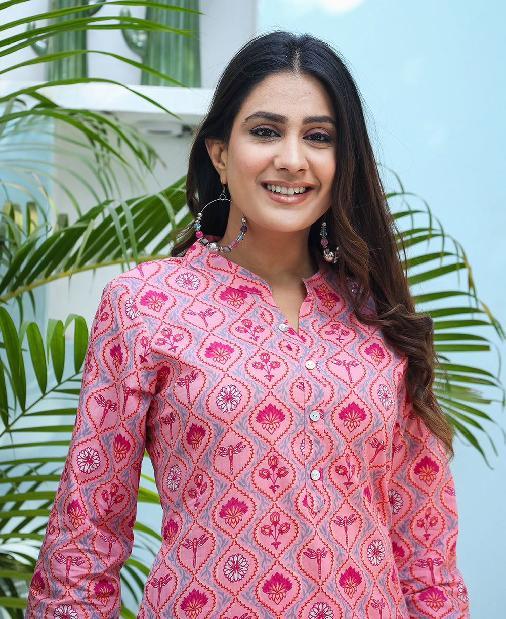 Kaajh Woman's Pink Ethnic Print Cotton Kurta Pant Set - Distacart