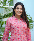 Kaajh Woman's Pink Ethnic Print Cotton Kurta Pant Set - Distacart