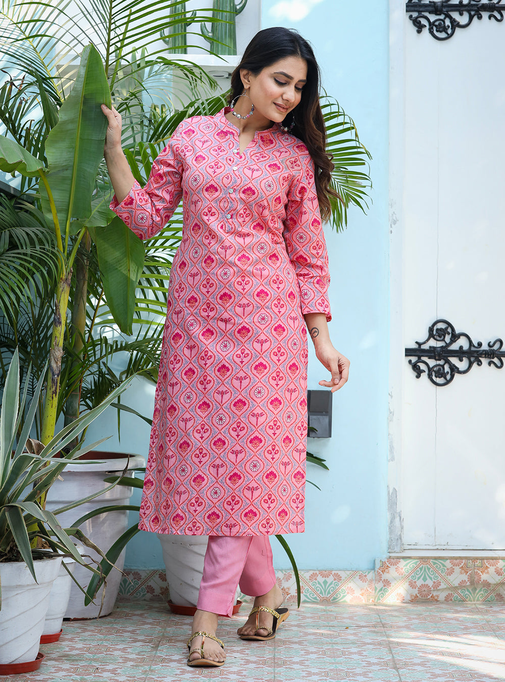 Kaajh Woman's Pink Ethnic Print Cotton Kurta Pant Set - Distacart