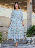 Kaajh Women's Sky Blue Floral Print Side Slit Cotton Kurta Pant Set - Distacart
