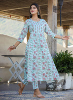 Kaajh Women's Sky Blue Floral Print Side Slit Cotton Kurta Pant Set - Distacart