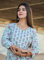 Kaajh Women's Sky Blue Floral Print Side Slit Cotton Kurta Pant Set - Distacart