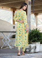 Kaajh Women's Yellow Floral Print Side Slit Cotton Kurta Pant Set - Distacart
