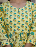 Kaajh Women's Yellow Floral Print Side Slit Cotton Kurta Pant Set - Distacart