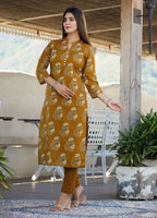 Kaajh Women's Mustard Floral Print Cotton Kurta Pant Set - Distacart