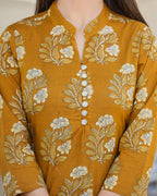 Kaajh Women's Mustard Floral Print Cotton Kurta Pant Set - Distacart