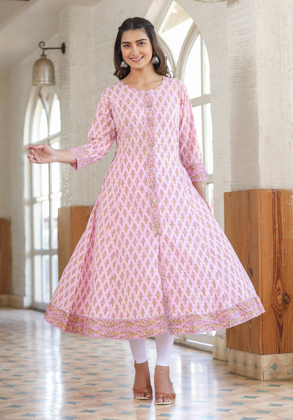 Kaajh Pink Cotton Printed A-line Kurta - Distacart