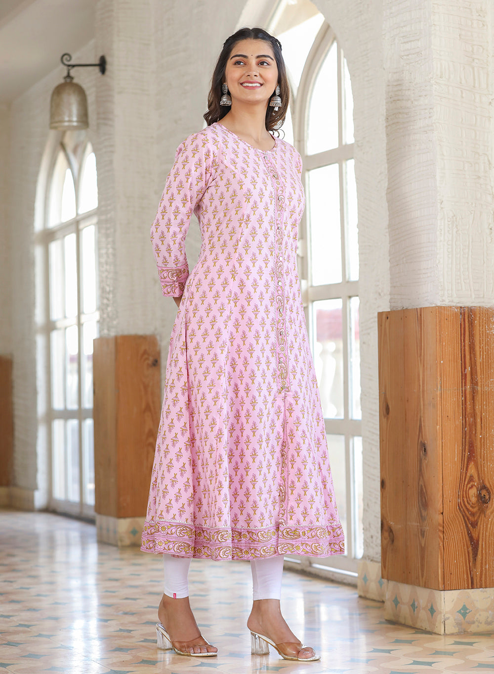 Kaajh Pink Cotton Printed A-line Kurta - Distacart