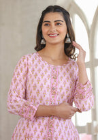 Kaajh Pink Cotton Printed A-line Kurta - Distacart