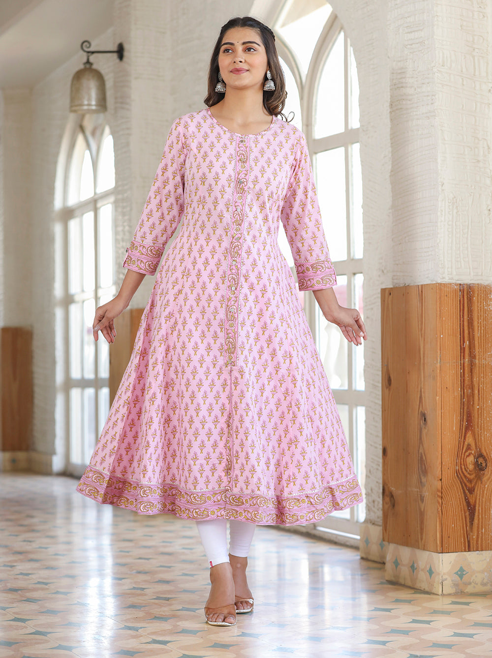 Kaajh Pink Cotton Printed A-line Kurta - Distacart