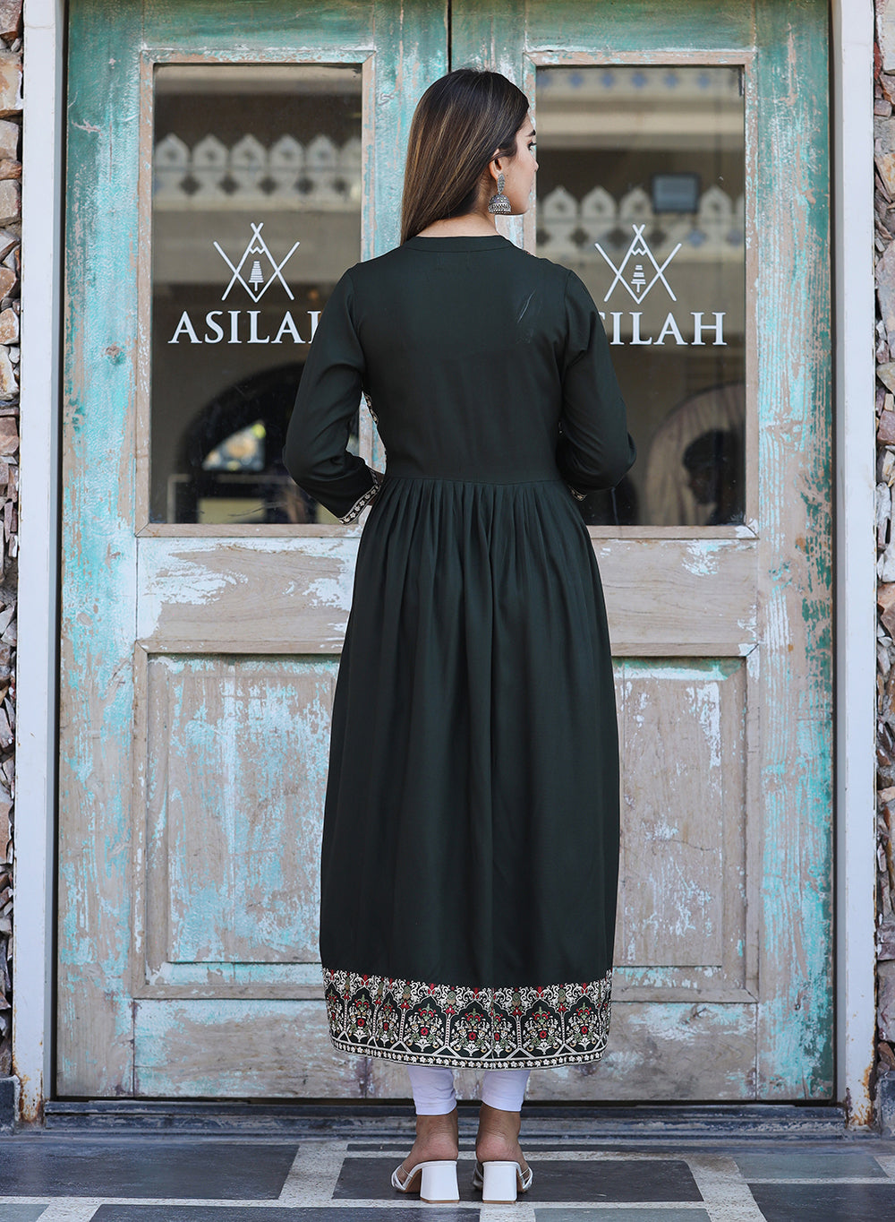 Kaajh Women's Rayon Printed Dark Olive Green Side Slit Long Ethnic Dress - Distacart