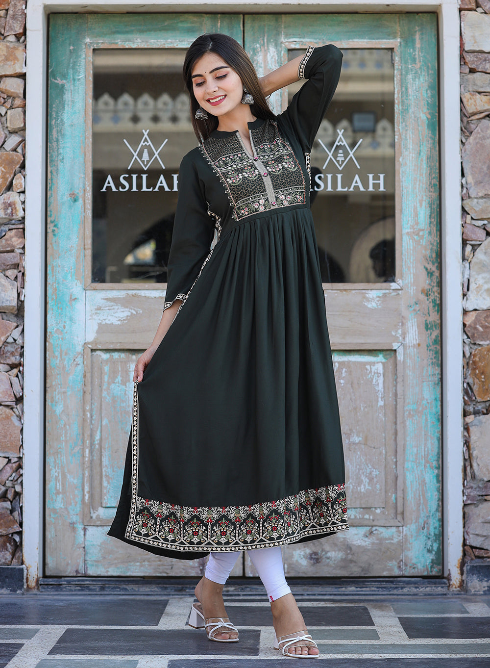 Kaajh Women's Rayon Printed Dark Olive Green Side Slit Long Ethnic Dress - Distacart