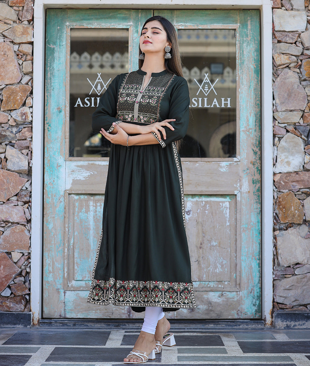 Kaajh Women's Rayon Printed Dark Olive Green Side Slit Long Ethnic Dress - Distacart