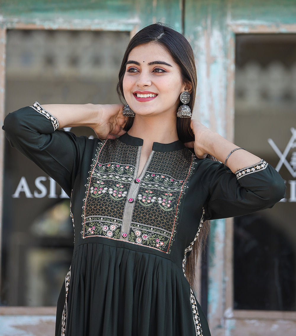 Kaajh Women's Rayon Printed Dark Olive Green Side Slit Long Ethnic Dress - Distacart