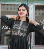 Kaajh Women's Rayon Printed Dark Olive Green Side Slit Long Ethnic Dress - Distacart