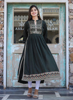 Kaajh Women's Rayon Printed Dark Olive Green Side Slit Long Ethnic Dress - Distacart