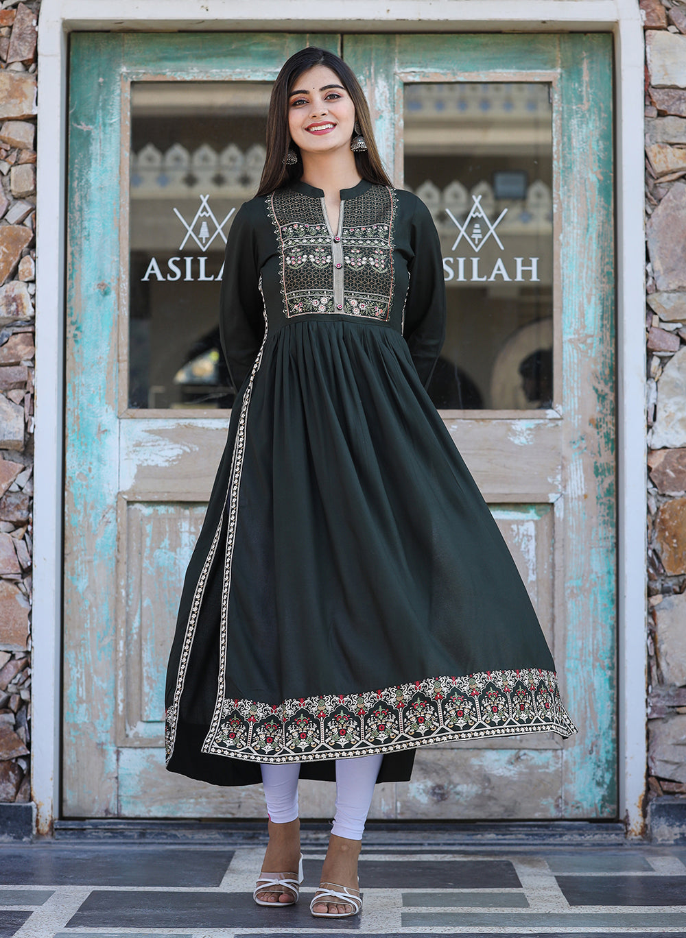 Kaajh Women's Rayon Printed Dark Olive Green Side Slit Long Ethnic Dress - Distacart