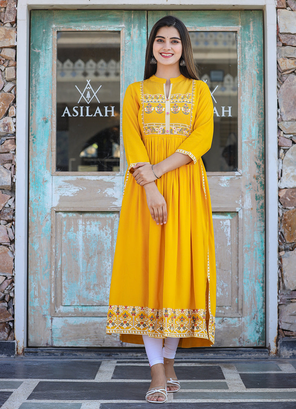 Kaajh Women's Rayon Printed Yellow Side Slit Long Ethnic Dress - Distacart