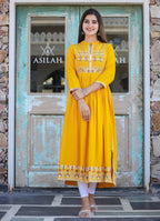 Kaajh Women's Rayon Printed Yellow Side Slit Long Ethnic Dress - Distacart
