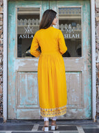 Kaajh Women's Rayon Printed Yellow Side Slit Long Ethnic Dress - Distacart