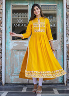 Kaajh Women's Rayon Printed Yellow Side Slit Long Ethnic Dress - Distacart