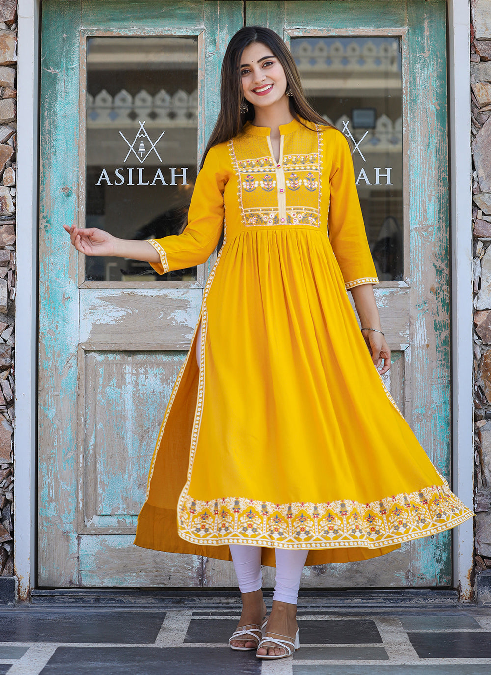 Kaajh Women's Rayon Printed Yellow Side Slit Long Ethnic Dress - Distacart