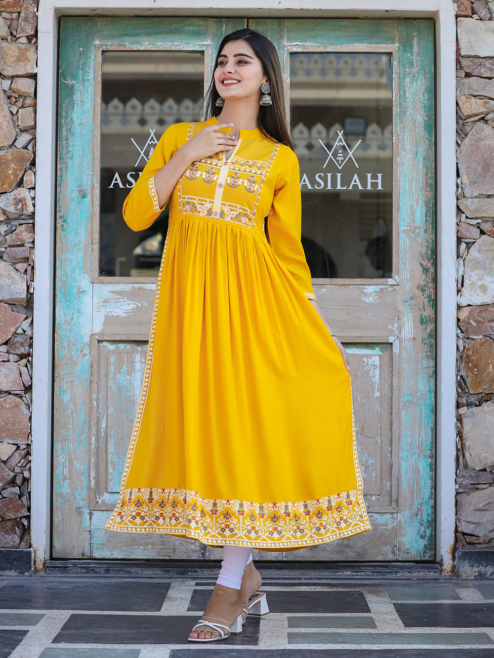 Kaajh Women's Rayon Printed Yellow Side Slit Long Ethnic Dress - Distacart