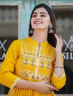Kaajh Women's Rayon Printed Yellow Side Slit Long Ethnic Dress - Distacart