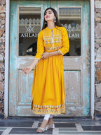 Kaajh Women's Rayon Printed Yellow Side Slit Long Ethnic Dress - Distacart