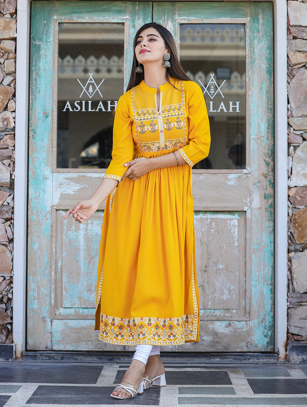Kaajh Women's Rayon Printed Yellow Side Slit Long Ethnic Dress - Distacart