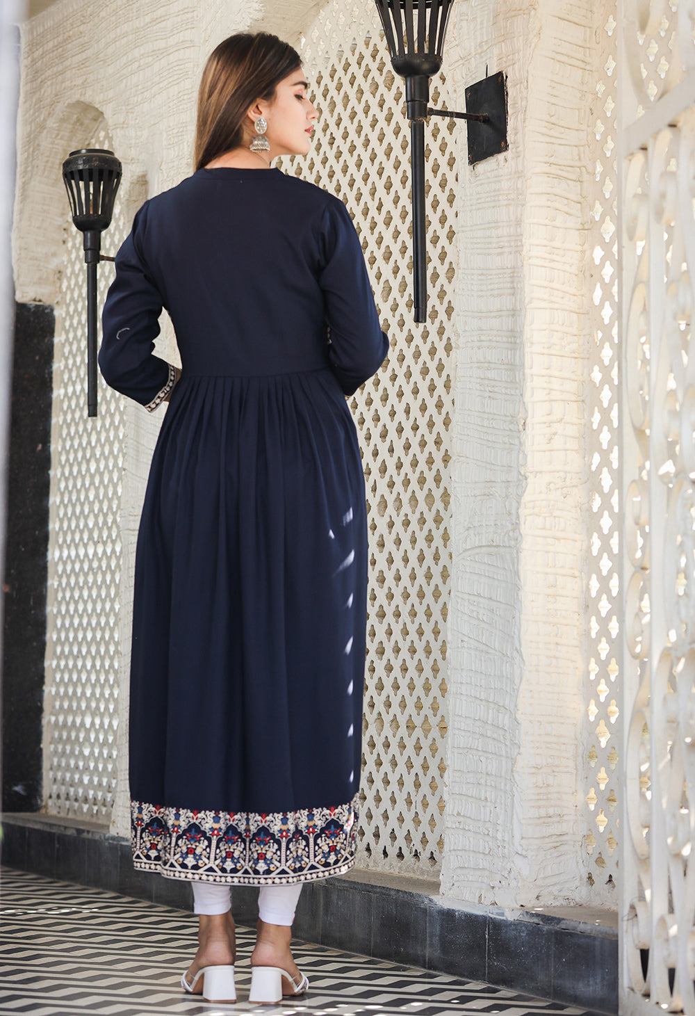 Kaajh Women's Rayon Printed Navy Blue Side Slit Long Ethnic Dress - Distacart