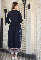 Kaajh Women's Rayon Printed Navy Blue Side Slit Long Ethnic Dress - Distacart