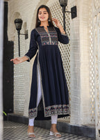 Kaajh Women's Rayon Printed Navy Blue Side Slit Long Ethnic Dress - Distacart