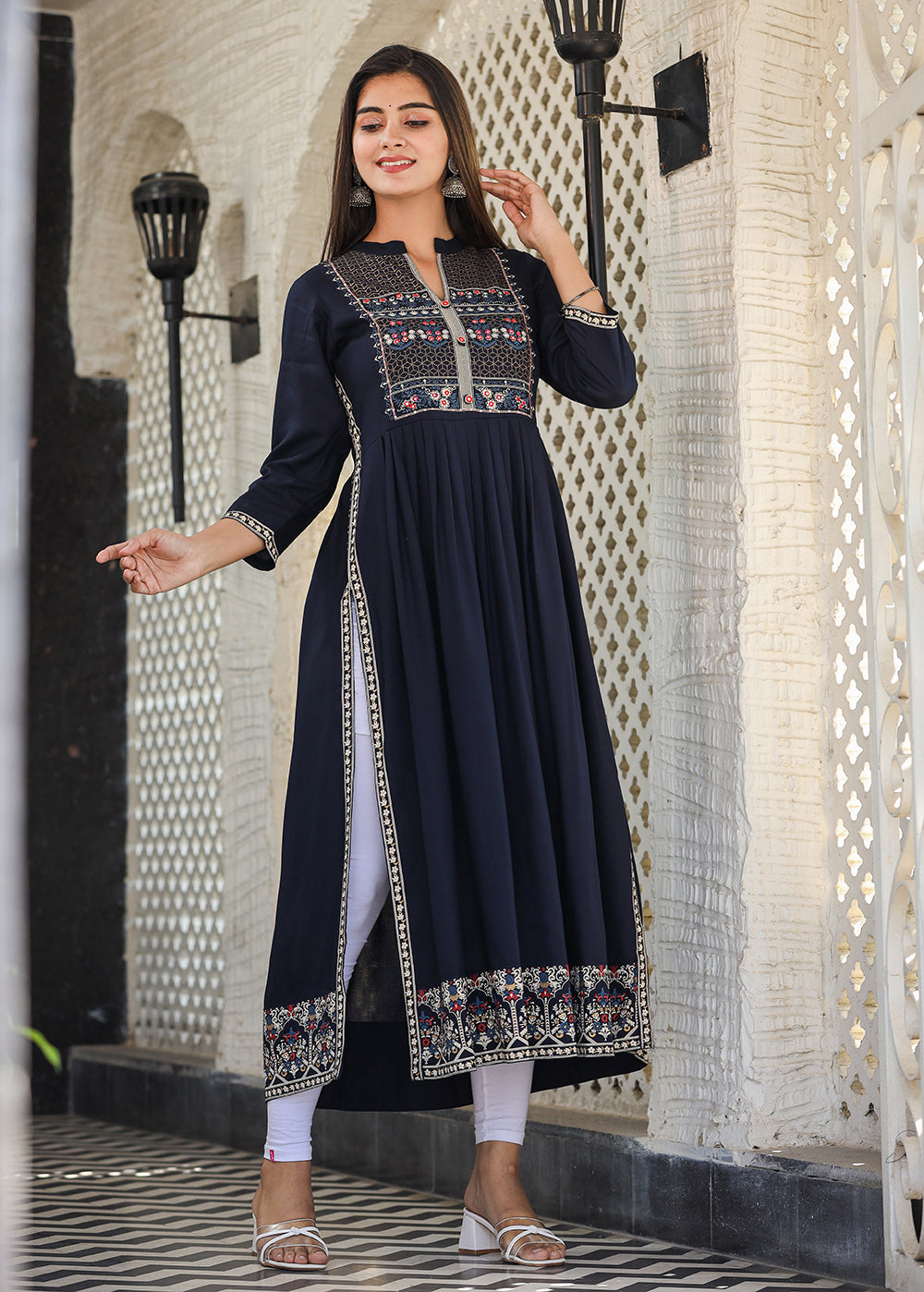 Kaajh Women's Rayon Printed Navy Blue Side Slit Long Ethnic Dress - Distacart