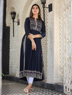 Kaajh Women's Rayon Printed Navy Blue Side Slit Long Ethnic Dress - Distacart