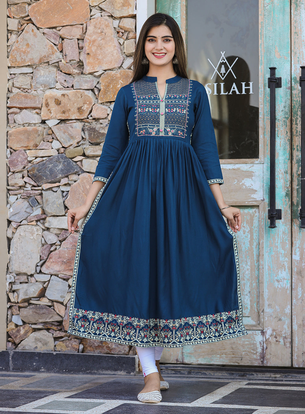 Kaajh Women's Rayon Printed Teal Side Slit Long Ethnic Dress - Distacart