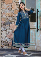 Kaajh Women's Rayon Printed Teal Side Slit Long Ethnic Dress - Distacart