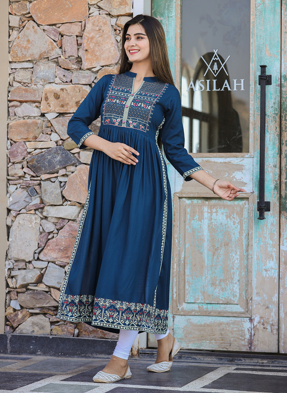 Kaajh Women's Rayon Printed Teal Side Slit Long Ethnic Dress - Distacart